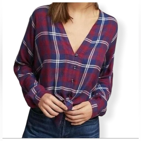 Rails Red Blue Sloane Crop Tie Front Flannel Button-down Shirt Size S/P - Picture 1 of 15